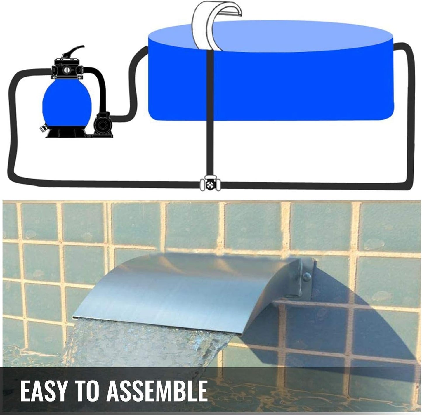 Pool Waterfall Fountain 304 Stainless Steel, Pool Fountains for Inground Pools, Garden Outdoor Waterfalls Sheer Descent