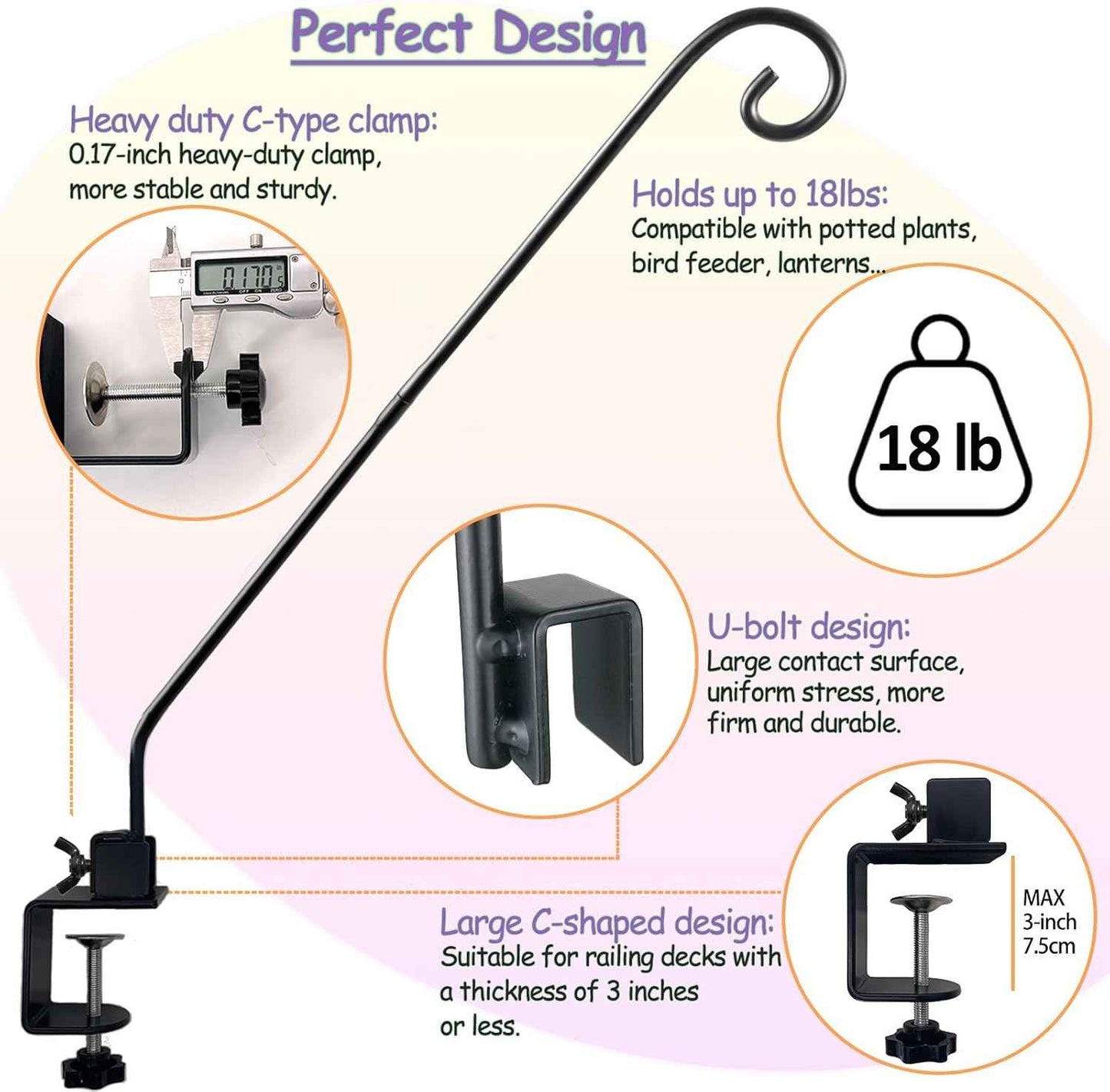 Heavy Duty Deck Hook,Courtyard Decoration,Pole 32”Long Metal Deck Railing Hooks for Hanging Bird Feeders,Planters,Suet Baskets,Lanterns,Wind Chimes,Clamp Mounted,Under 15 LBS