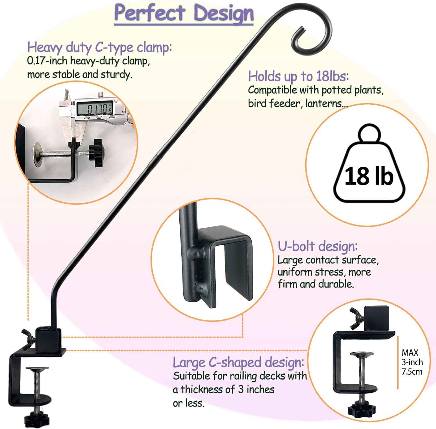 Heavy Duty Deck Hook,Courtyard Decoration,Pole 32”Long Metal Deck Railing Hooks for Hanging Bird Feeders,Planters,Suet Baskets,Lanterns,Wind Chimes,Clamp Mounted,Under 15 LBS