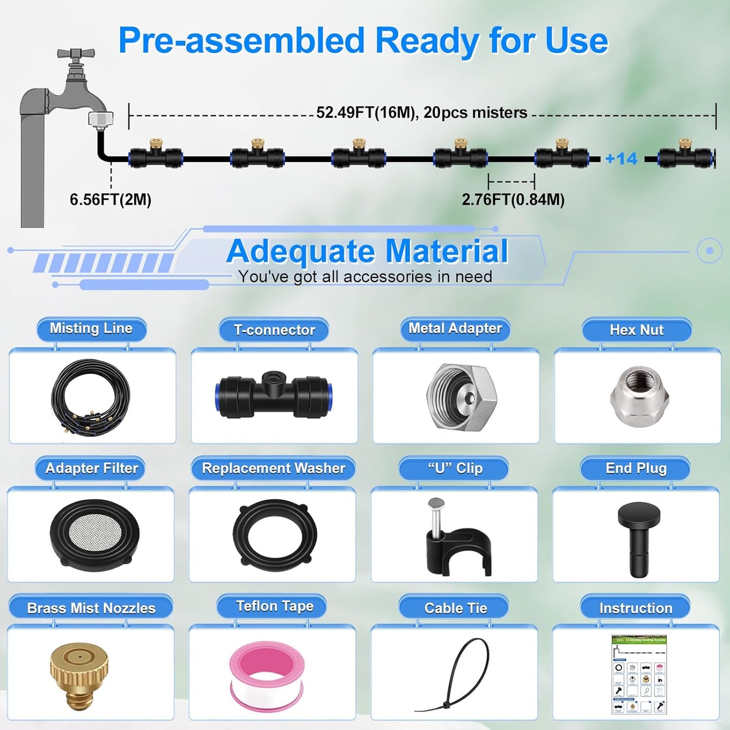 GOXAWEE Misting System, 59FT (18M) Misting Line + 20 Brass Mist Nozzles + Brass Adapter(3/4"), Misters for Outside Patio Cooling Outdoor Garden Greenhouse Trampoline for Waterpark