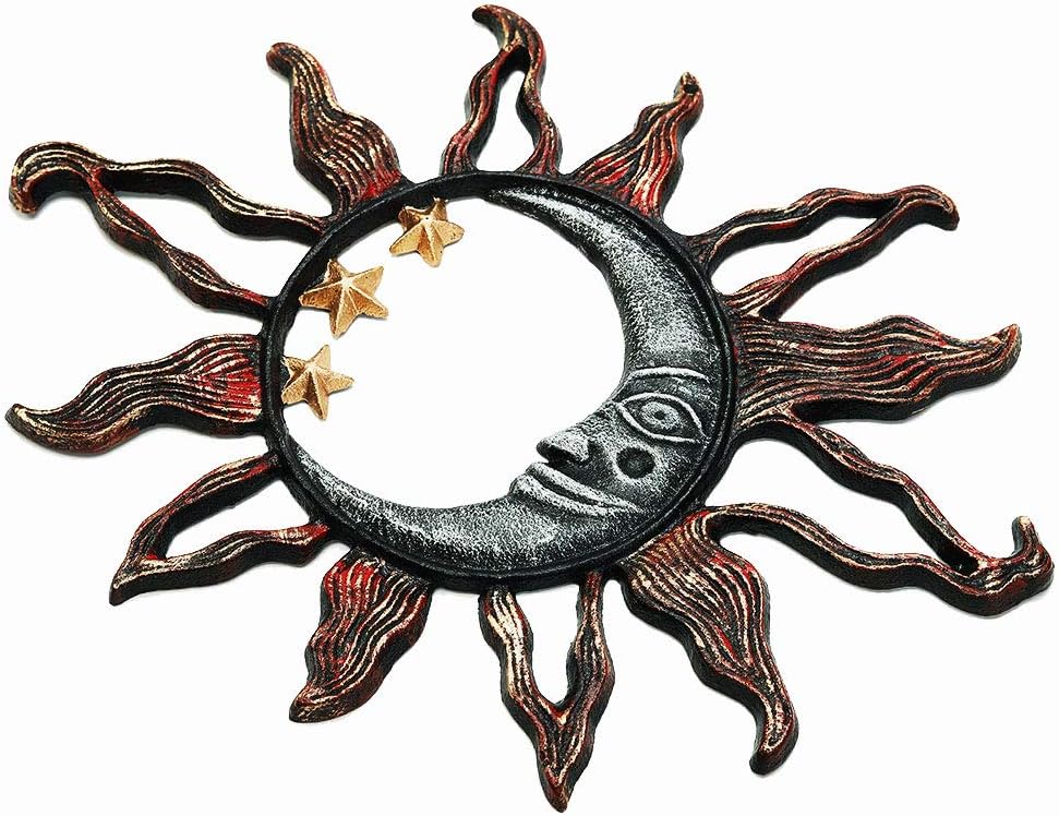 Sungmor Cast Iron Moon & Sun Face Wall Decor, Sturdy Metal Wall Art Sculpture, Outdoor Garden Yard Fence Decorative Plaque, Pretty Vintage Hangings for Farmhouse Indoor Wall, Unique Home Accent Gift