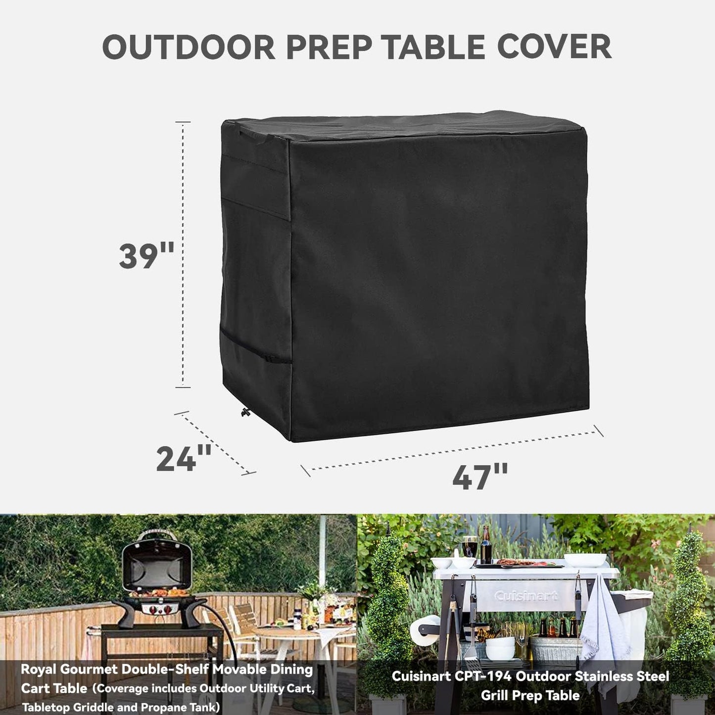 Outdoor Dining Cart Cover - Heavy Duty Waterproof Cover for Royal Gourmet Cart, Flattop Worktable, Propane Tank - Black, Polyester