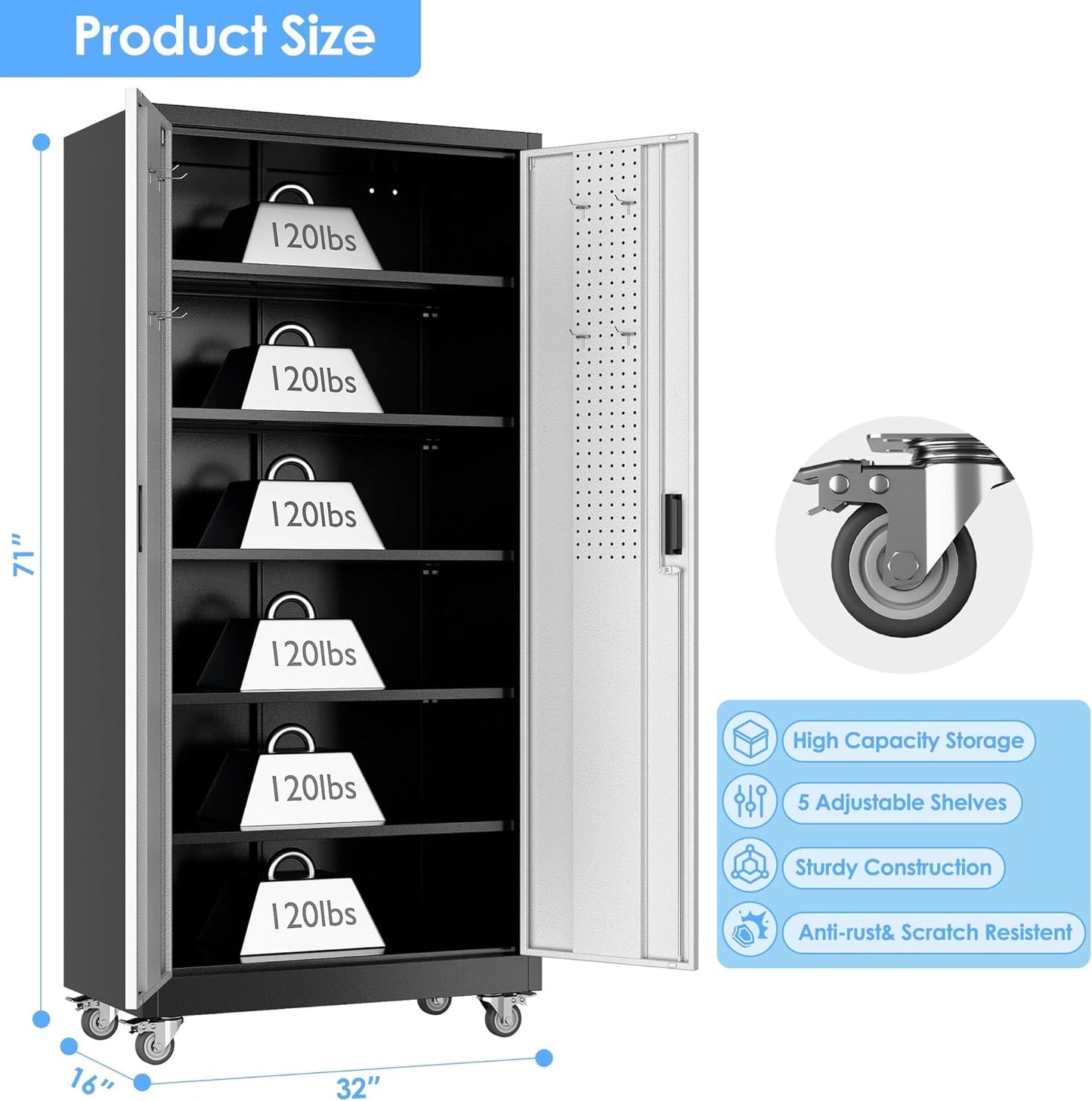 Metal Garage Storage Cabinet with Wheels & Pegboard, Lockable Metal Storage Cabinets with 2 Doors&5 Adjustable Shelves for Garage&Home,Assembly Required,Black Gray 71''H x32''W x16''D