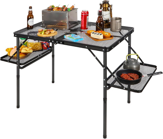REDCAMP 36x24 Folding Grill Table for Outside with 2 Side Tables, Lightweight Portable Metal Aluminum Outdoor Grill Table with Adjustable Height Legs, Great for Camping Picnic Cooking BBQ, Black 3ft