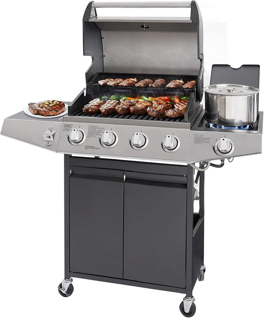 Unovivy 4-Burner Propane Gas Grill with Side Burner, Portable BBQ Grills with Oil Tray and Built-in Thermometer for Outdoor Barbecue, Camping, Patio, Backyard, 49,000 BTU
