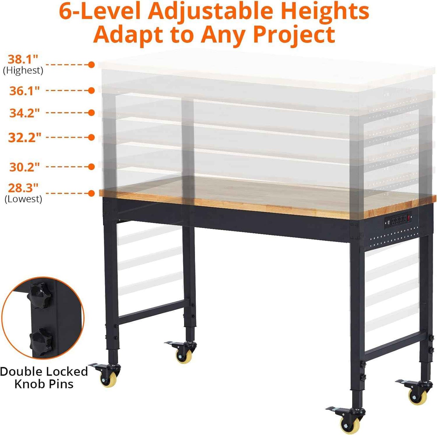 60" x 22" Heavy-Duty Adjustable Height Workbench with Power Outlets, Rubberwood Top, 2000 Lb Capacity, Locking Wheels, Mobile Garage & Office Workstation