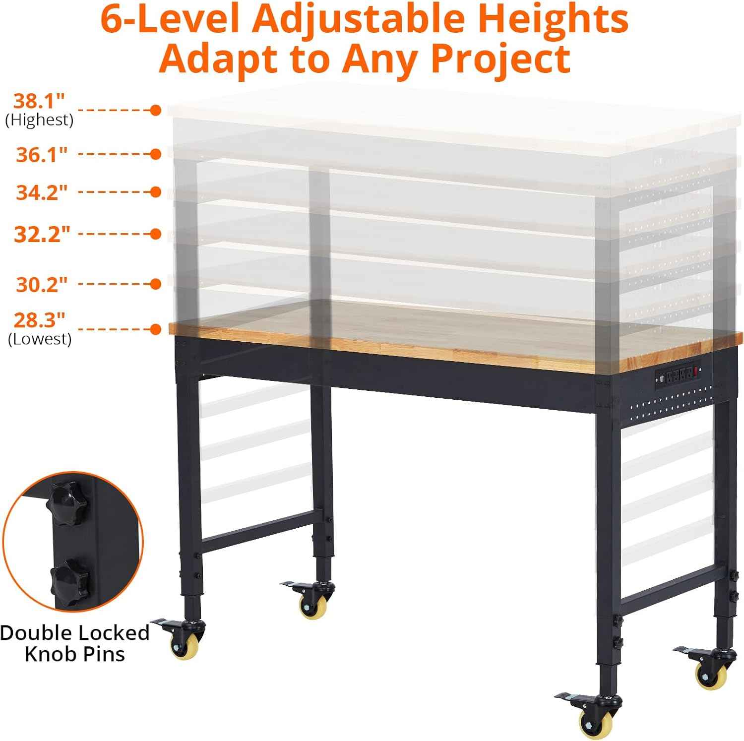 60" x 22" Heavy-Duty Adjustable Height Workbench with Power Outlets, Rubberwood Top, 2000 Lb Capacity, Locking Wheels, Mobile Garage & Office Workstation
