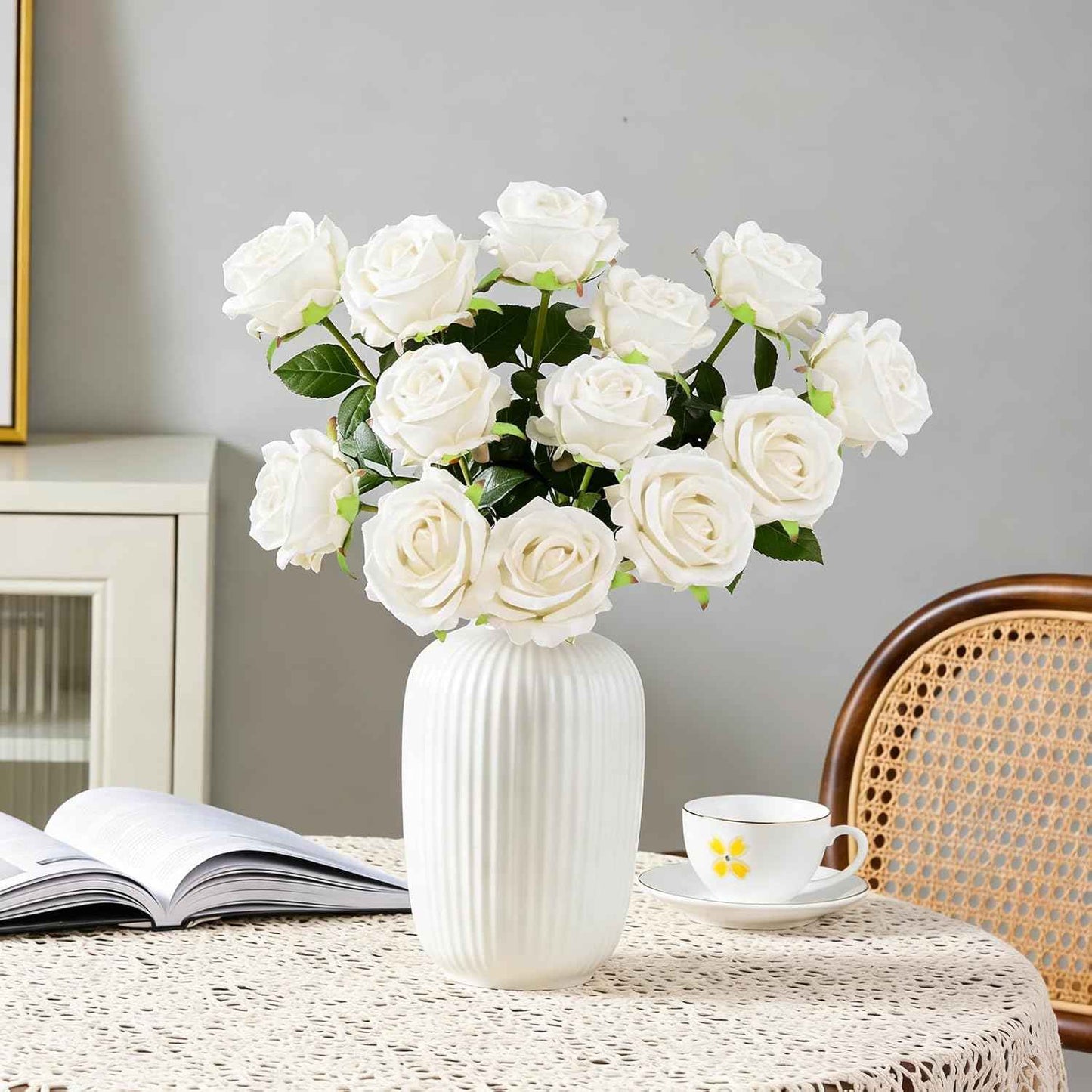 12 Pcs White Roses Artificial Flowers, Real Touch Fake Velvet Flowers with Stems in Bulk for DIY Home Decor, Wedding, Party, Mother's/Valentine's Day Gifts