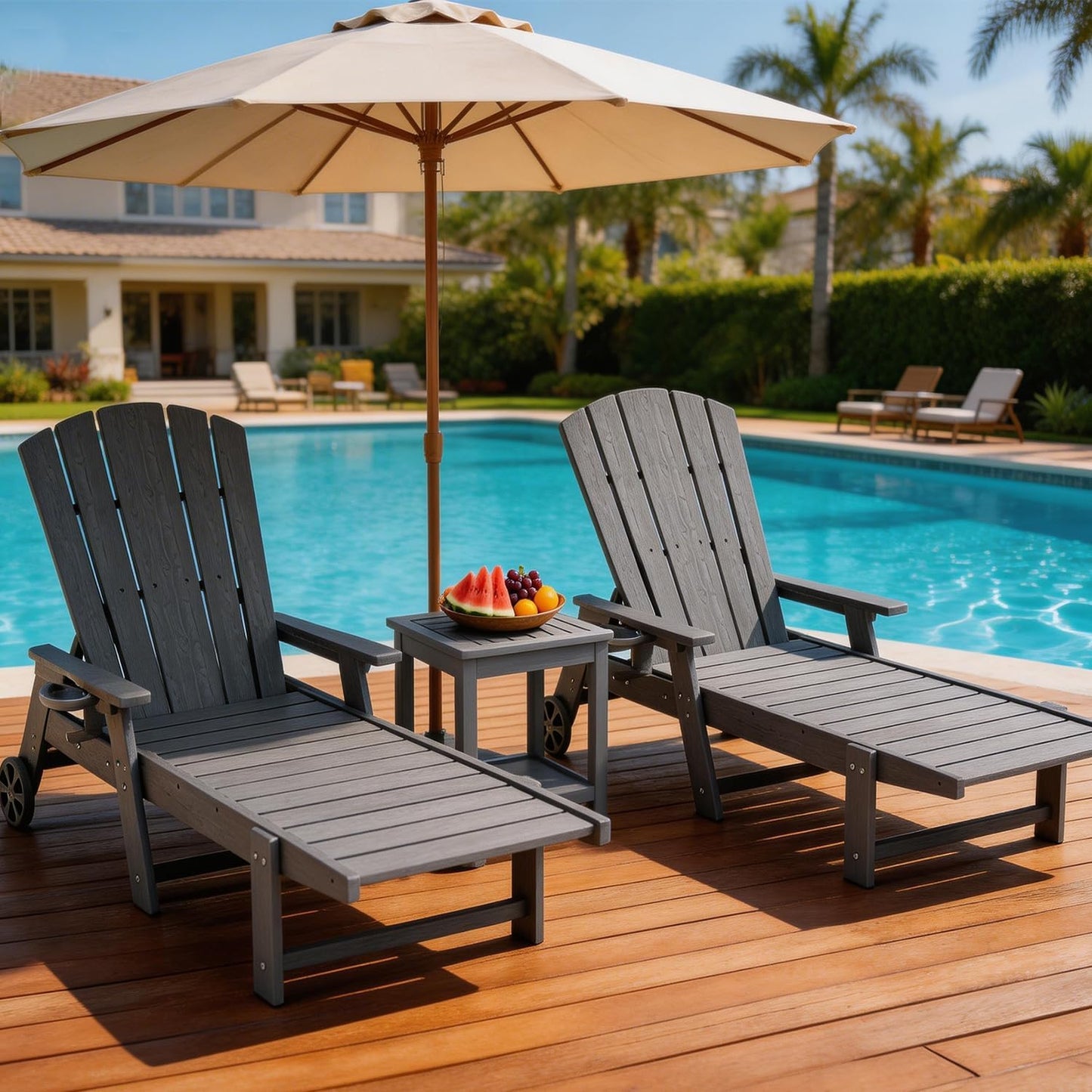 Outdoor Lounge Chair,HDPE 4-Position Adjustable Chaise Lounge Outdoor with Rolling Wheels & Cup Holder,All-Weather Heavy-Duty Pool Lounge Chairs for Poolside,Patio,Grey