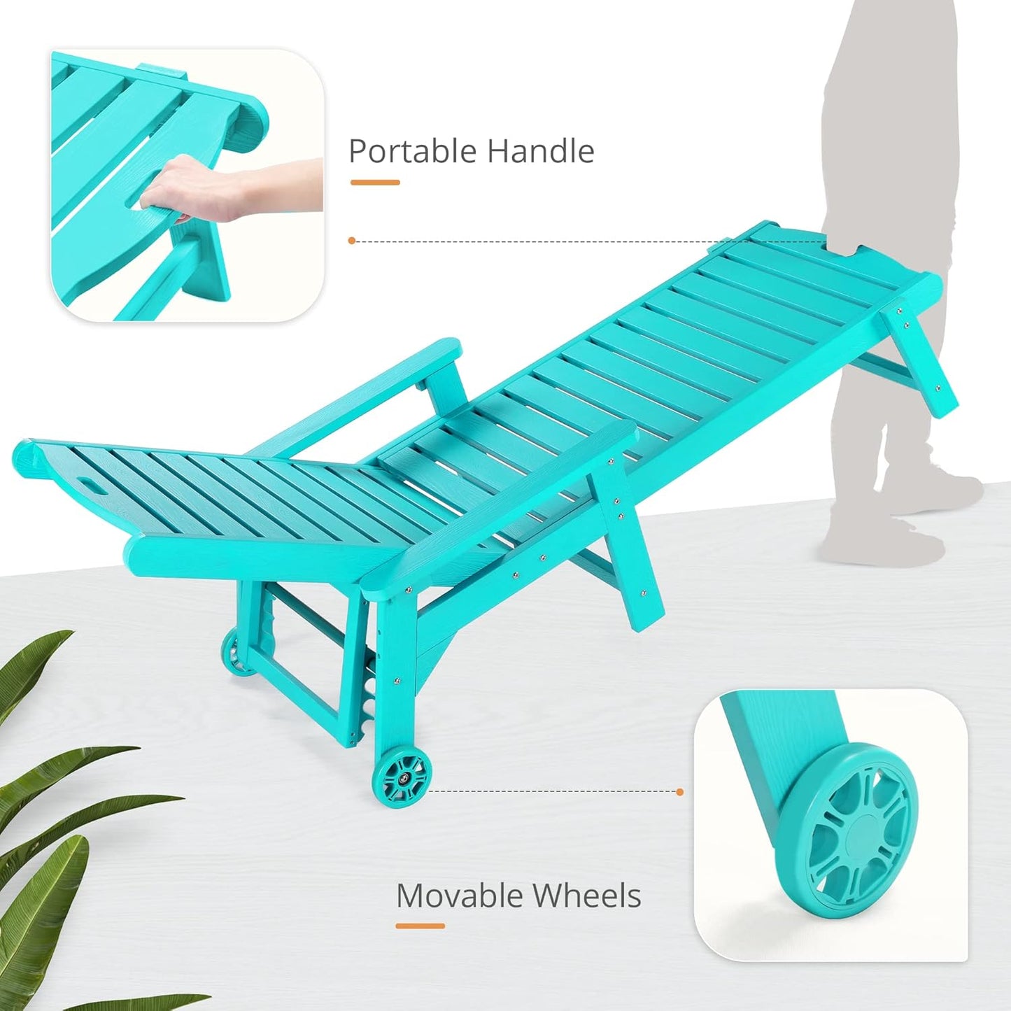 LUE BONA Outdoor Chaise Lounge Chairs Set of 2, HDPS Chaise Lounger, 5 Positions Adjustable Lounge Chairs, Pool Lounge Chair with Wheels for Poolside, 3 Year Warranty, Aruba Blue