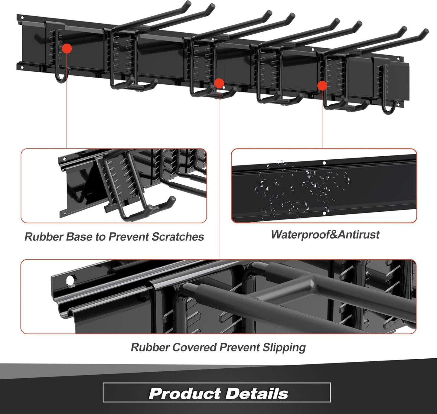 Garage Tool Storage Rack, Heavy Duty Garage Storage Organizer Rack System Wall Mounted Tool with 6 double hooks, 2 rails, Garden Yard Tools Hanger Rack for Ski Gears, Broom, Rake,Shovel