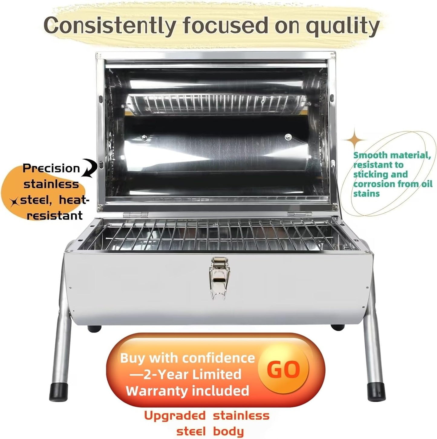 Upgraded Rust-Resistant Premium Stainless Steel Portable Charcoal Grill, Dual Large Grilling Zones,Easy-to-Assemble Outdoor Small Grill for Backyard,Patio,Travel&Camping,Foldable Tailgate Compact BBQ