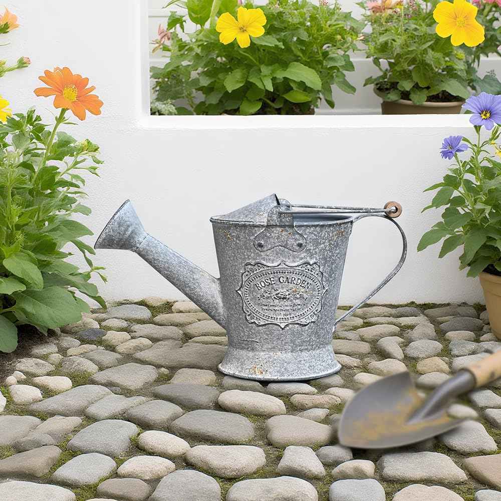 Vintage Metal Watering Can with Wooden Handle, Watering Can for Indoor/Outdoor Plants, Shabby Chic Decor for Home Balcony Courtyard Garden Gray