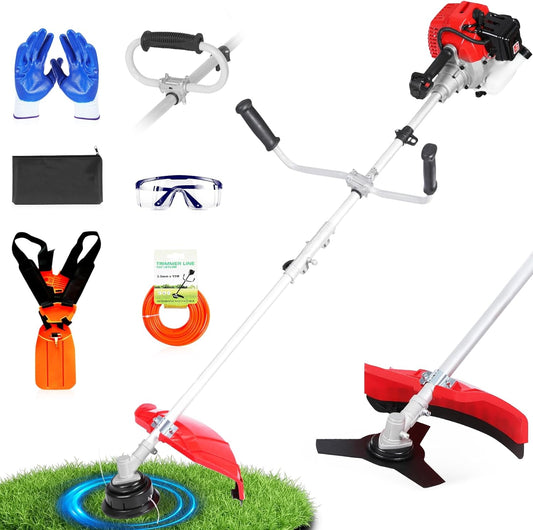 52cc Gas Powered Weed Eater and Brush Cutter 3-in-1, Heavy Duty Straight Shaft String Trimmer with Harness and 2 Heads for Tough Weeds, Grass, and Land Clearing (PT6082)