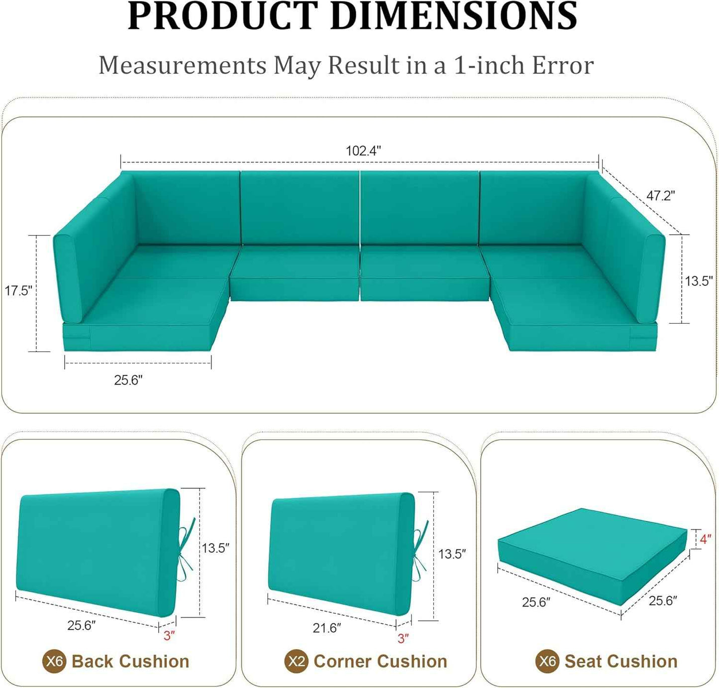 Outdoor Sectional Cushions 14-Piece Replacement Cushions Set for 6-Seat Patio Furniture Waterproof 4'' Thick Outdoor Sofa Cushion Patio Wicker Couch Cushion (Turquoise, 14-Piece Set)