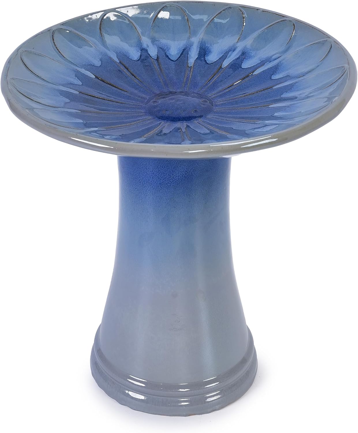 Ceramic Bird Bath for Outside, 16.93 Inch Pedestal Bird Bath Bowls, Blue + Grey Glazed Birdbaths with Floral Embossed Design, Perfect for Outdoors, Garden, Patio, Yard, 18.11 Inch Tall