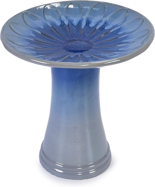 Ceramic Bird Bath for Outside, 16.93 Inch Pedestal Bird Bath Bowls, Blue + Grey Glazed Birdbaths with Floral Embossed Design, Perfect for Outdoors, Garden, Patio, Yard, 18.11 Inch Tall