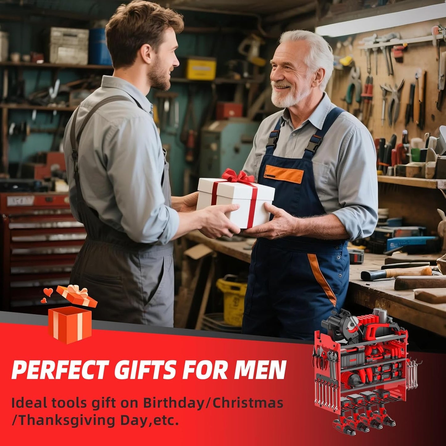 Power Tool Organizer Wall Mount with 4-Drill Holders-400Lbs Load Heavy Duty Metal 4-Layers Garage Storage & Organization Battery Tools Rack with Side Panels Utility Racks Workshop Gifts for Men