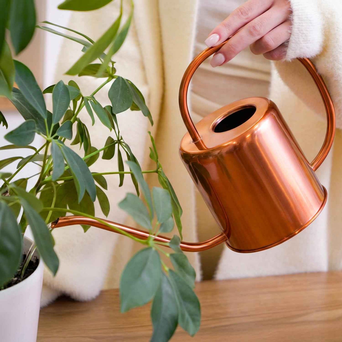 Plexon Rose Gold Metal Watering Can Indoor Plants, 54 oz Stainless Steel Long Spout Watering Can Outdoor House Plant Flower, Garden