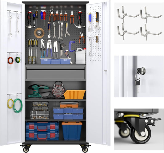 Aobabo Metal Storage Cabinet with Wheels and 1 Interior Drawer, Steel Rolling Tool Cabinet with 16 Hooks and 2 Adjustable Shelves for Garage, Home, Office, Kitchen, Black Gray, Assembly Required