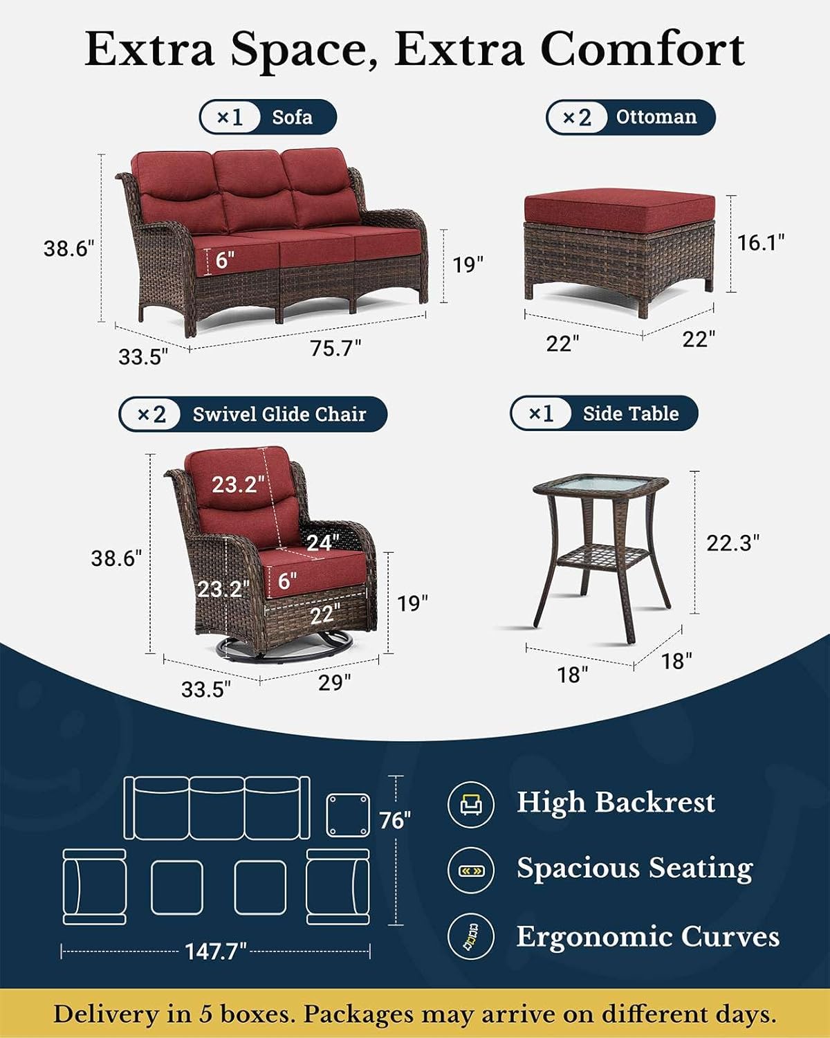 HILLGA Luxury Patio Furniture Set with 6-inch Thick Cushion, Outdoor Couch and High Back Swivel Rocker Patio Chairs, 6PCS Wicker Conversation Set for Deck Yard and Poolside, Burgundy (V2)