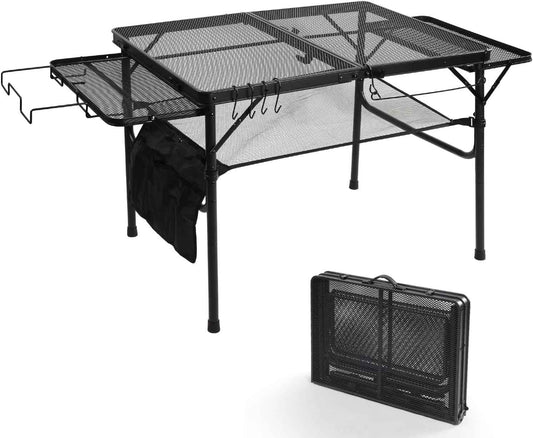 3ft Folding Camping Table with Wing Panels, Metal Mesh Grill Table,2 Adjustable Heights,Folding Table with Storage Net, Paper Towel Holder, Hooks, Trash Bag Rack, for Picnic,Camping,BBQ,Beach(Black)
