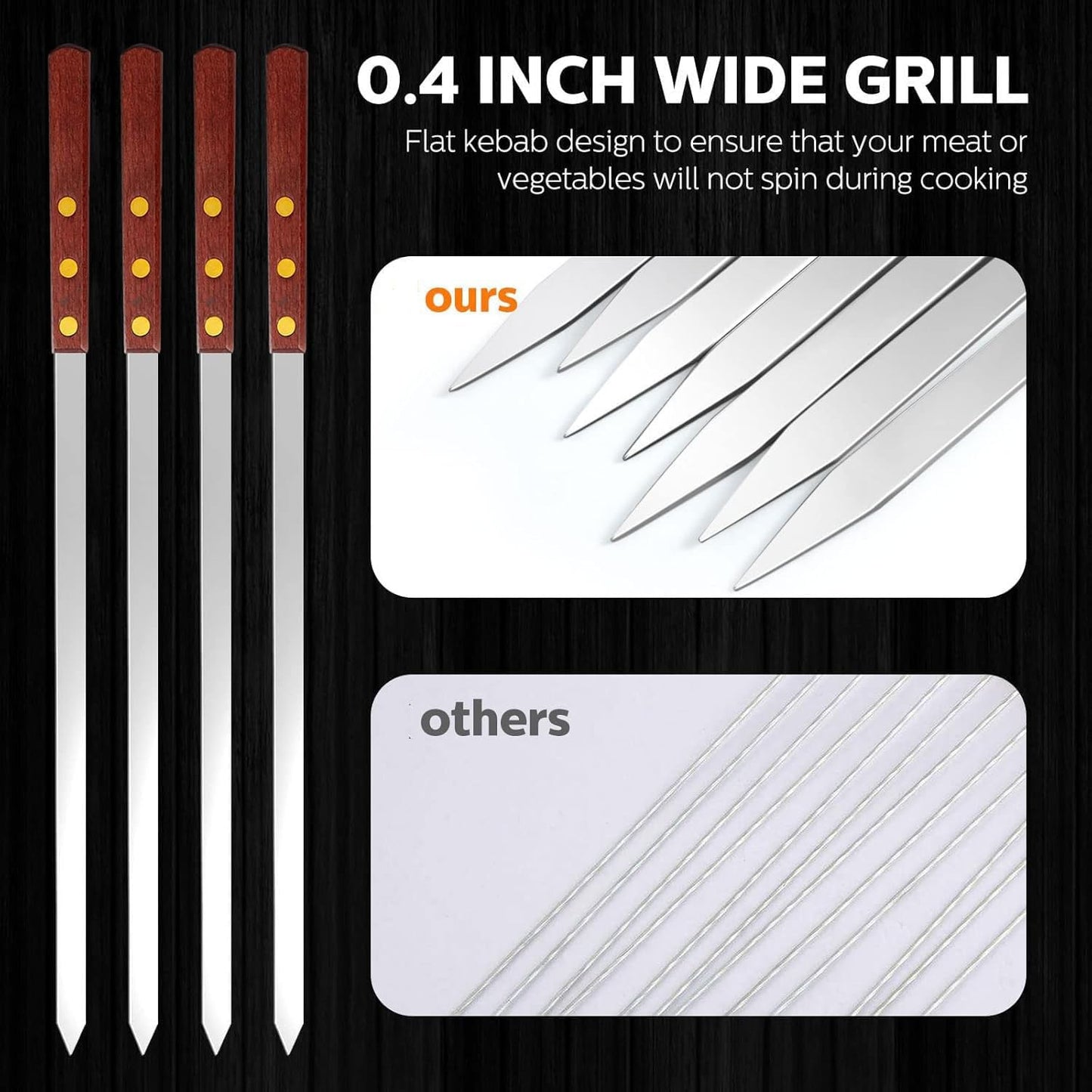 Cunhill 12 Pcs 17.7 Inch Kabob Skewers for Grilling 0.4 Inch Wide Flat Blade Thin Stainless Steel Kabob Sticks Long Barbecue Reusable Metal BBQ Skewers with Wood Handles for Tailgate Party Outdoor