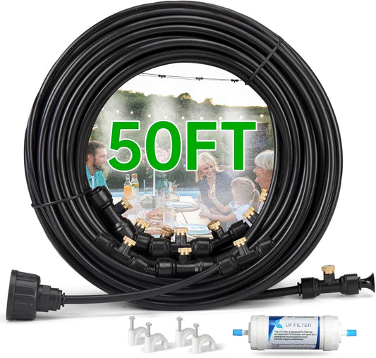 50FT Outdoor Misting Cooling System‌ - Patio Garden Kit with ‌Brass Nozzles & UV Tubing‌, DIY Install for ‌Pool, BBQ, Greenhouse‌, Water-Saving High Pressure Cooler
