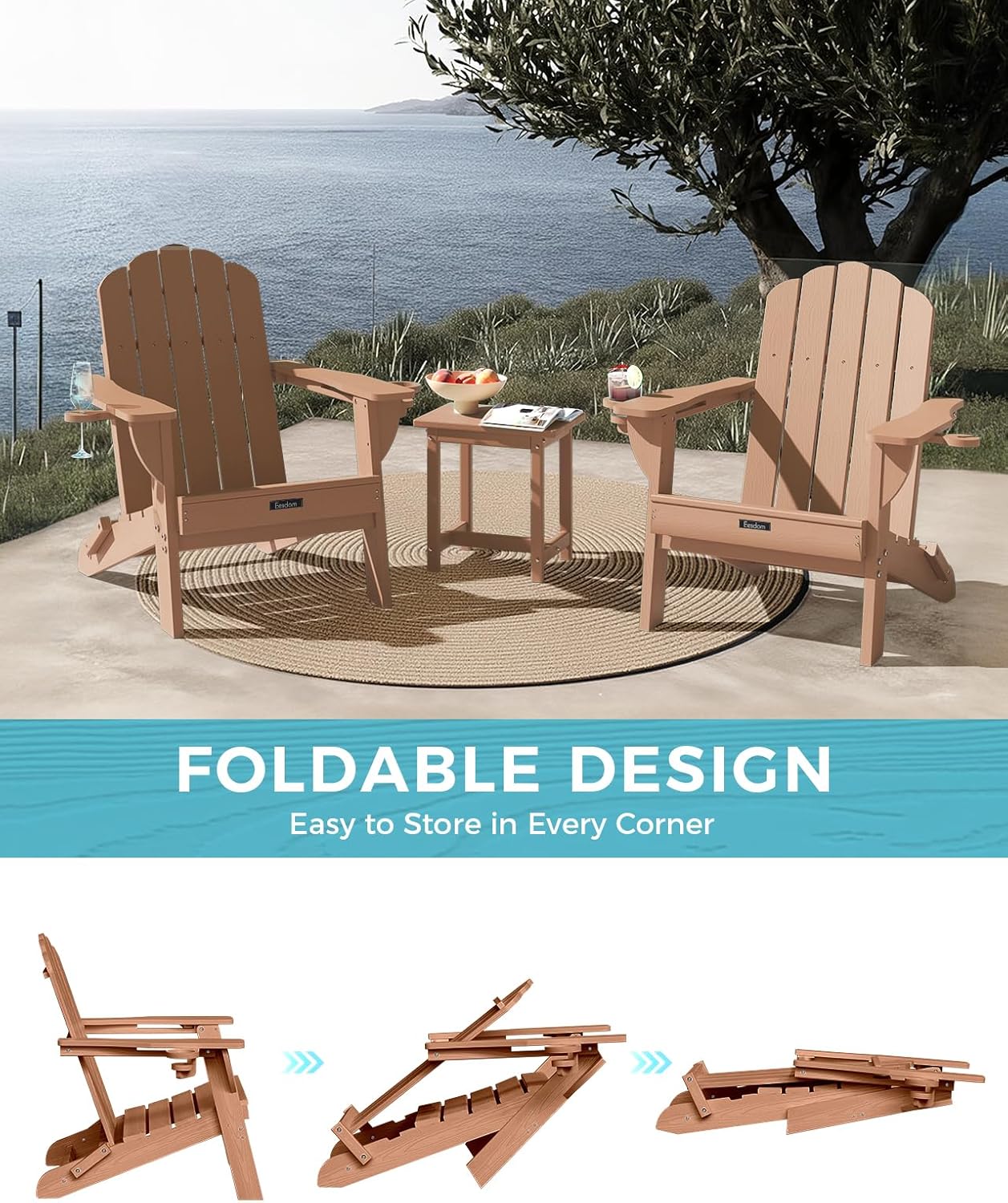 Folding Adirondack Chairs Set of 2, All-Weather HDPE Fire Pit Chair with 2 Cup Holders, Plastic Outdoor Chair for Patio Deck Garden Lawn, Teak