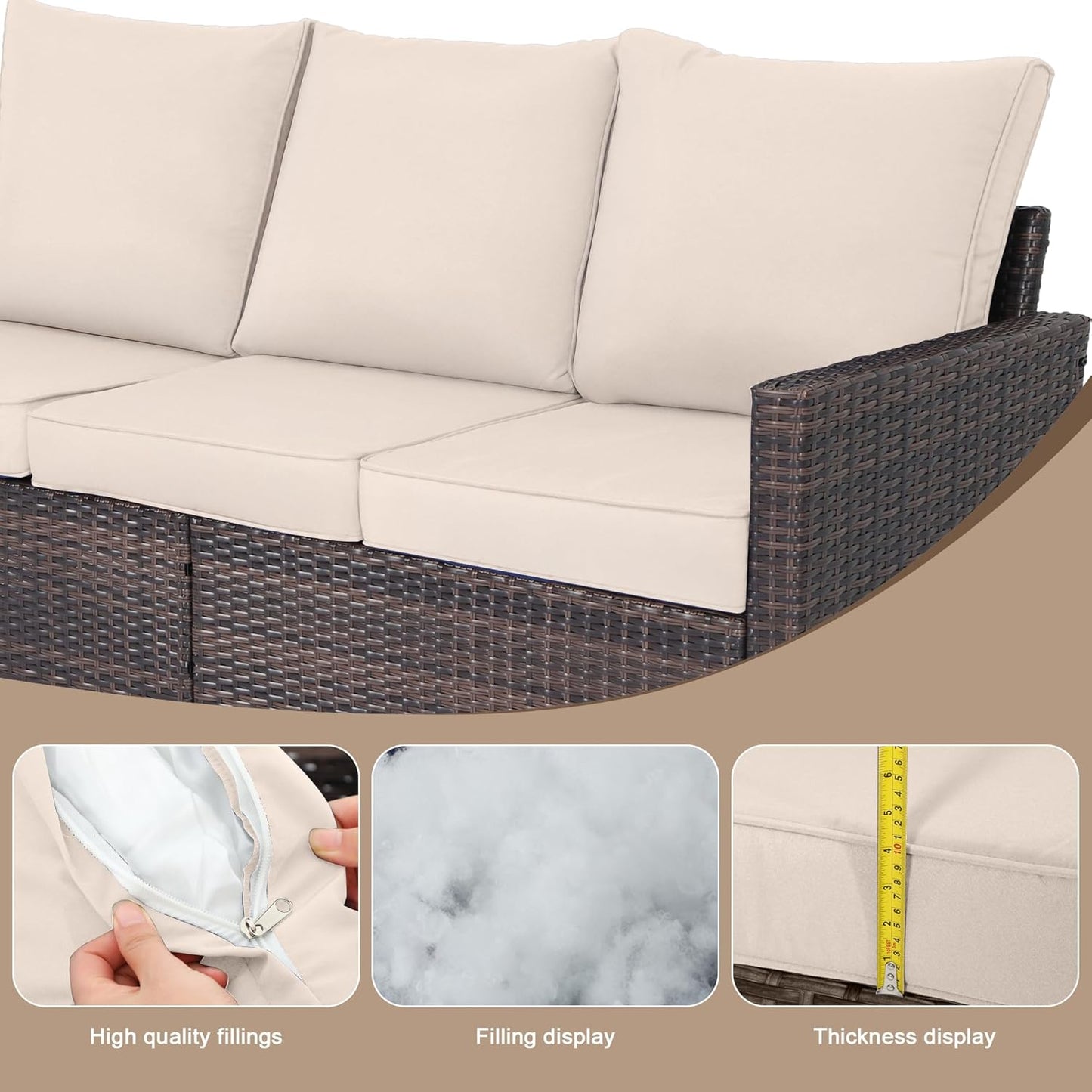 3-Seater Deep Seat Outdoor Sofa - High Back Patio Couch with Water-Resistant Cushions, All-Weather PE Rattan for Patio, Garden (Modern Design) (Beige)
