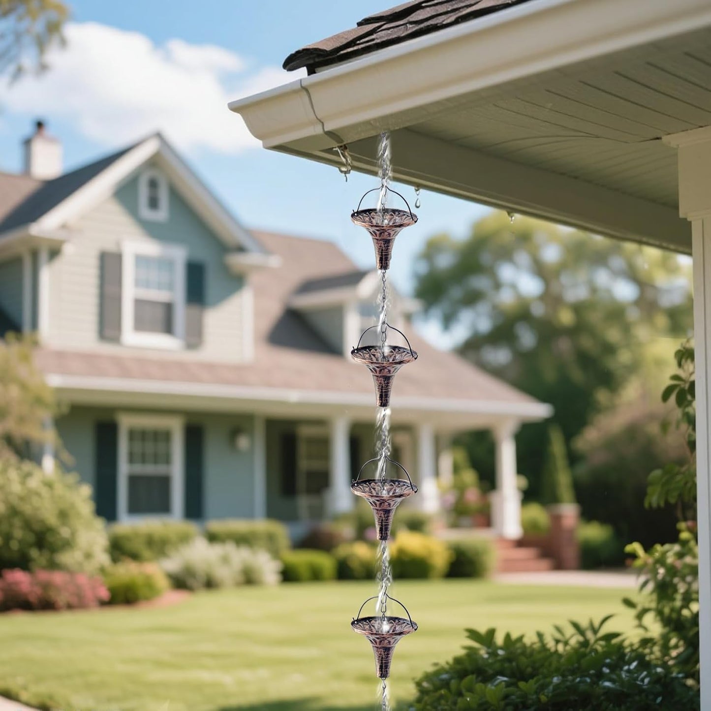Rain Chains for Outside, 8.6FT Gutter Chain with 12 Funnel Cups Rain Catcher Chain Replacement Downspout for Gutters Eaves Drainage Decor, Copper