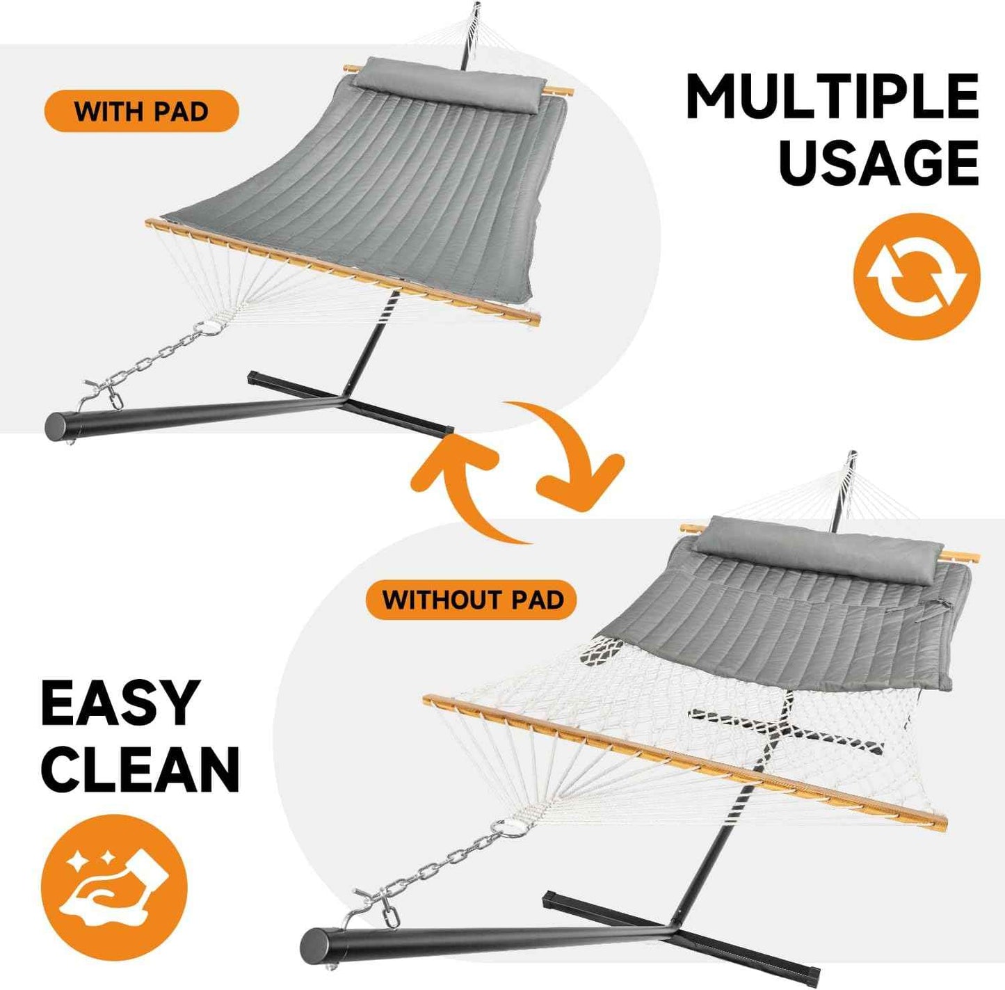 Everyfun 2 Person Outdoor Hammock with Stand, Cotton Rope Hammock with Polyester Pad, Adjustable Steel Frame, Portable with Carrying Bag – for Patio, Backyard, Garden, Beach,Dark-Gray