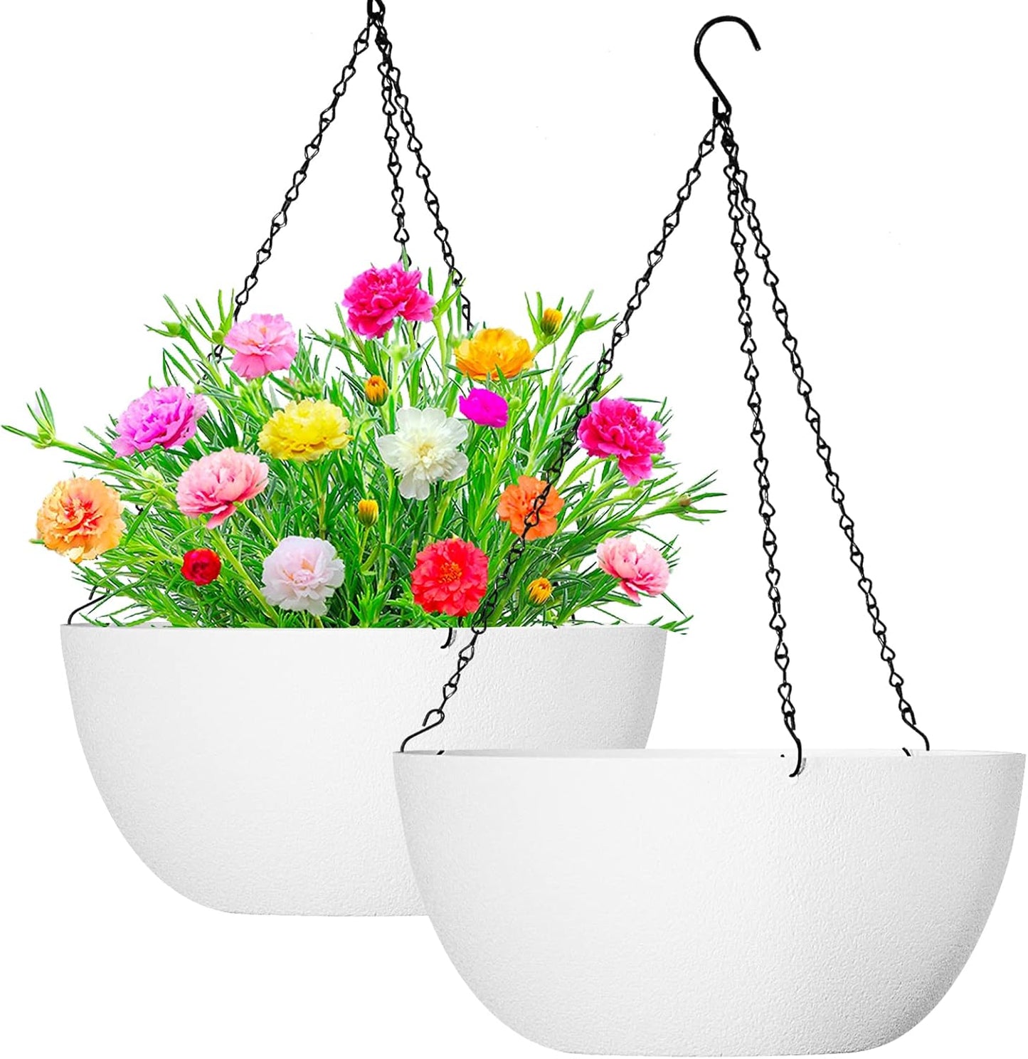 WOUSIWER 13 inch 2Pack Large Hanging Planters for Outdoor Indoor Plants with Drainage Holes and Chain, Round Hanging Flower Pots for Garden Home Porch Decor, White