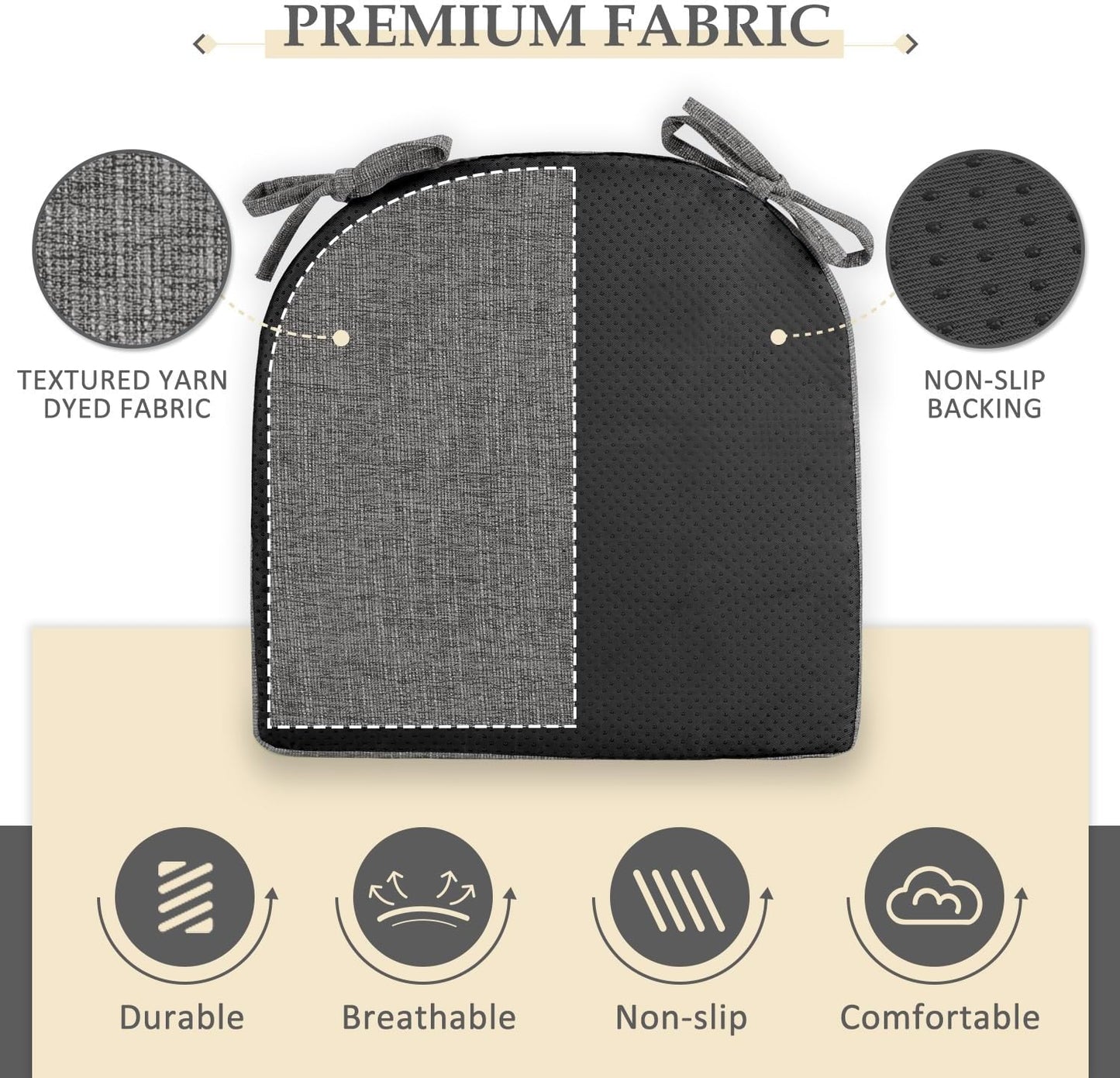 Wellsin Chair Cushions for Dining Chairs 6 Pack - Kitchen Chair Cushions with Ties and Non-Slip Backing - Dining Chair Pads 16"X16"X2", Dark Gray