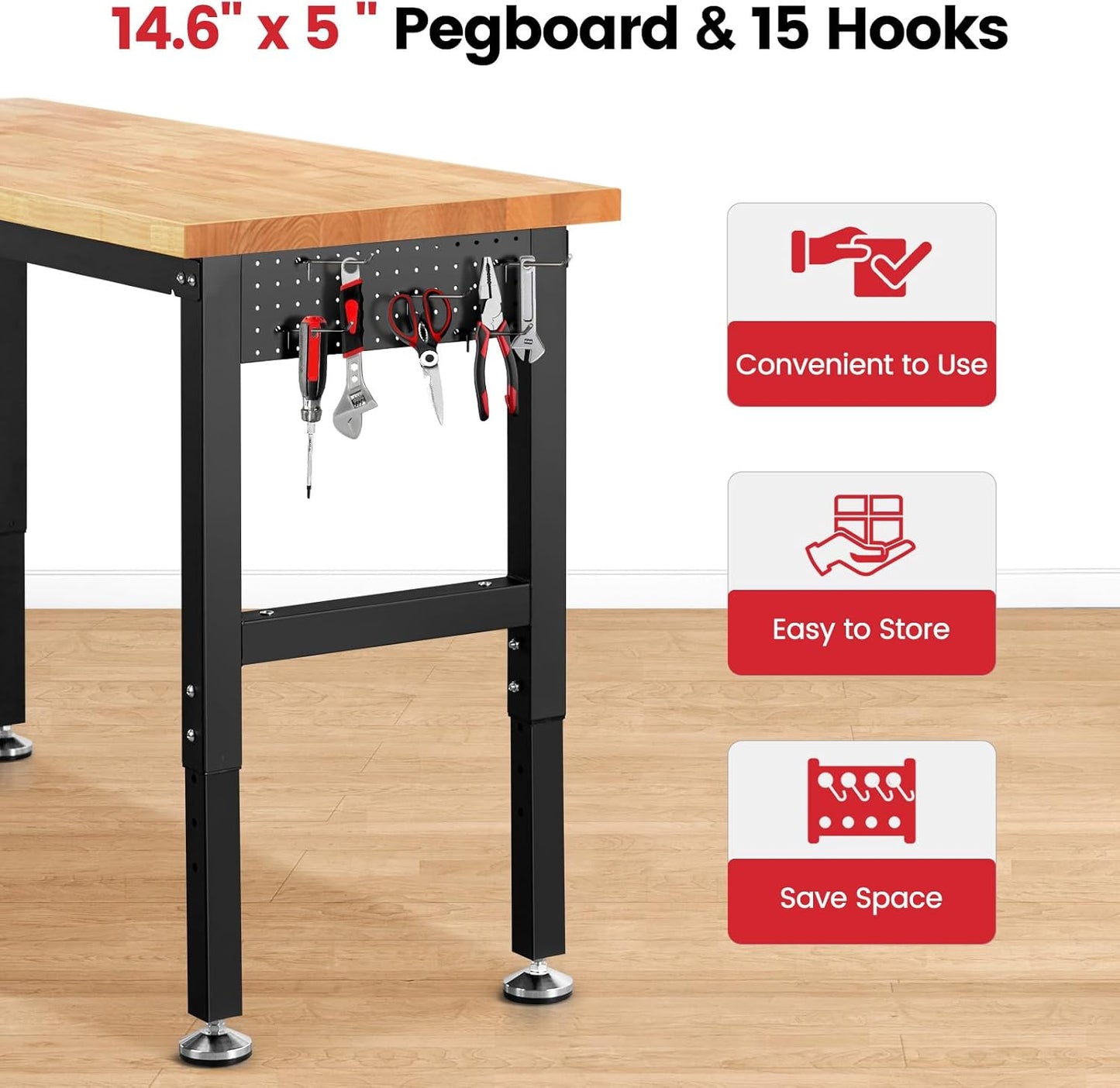 Work Bench for Garage Workbench Adjustable Height Work Table with Pegboard for Shop Woodworking, 60 x 22 Heavy Duty Rubber Wood Top for Office, Home, Commercial