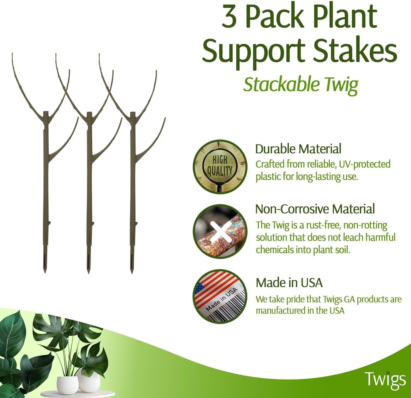 Stackable Plant Support Stakes, Stem Holder Structures for Indoor & Outdoor Use, Garden Accessories for Climbing & Potted Plants, Trellis Alternative - Moonstone, 3 Pack, 17" L
