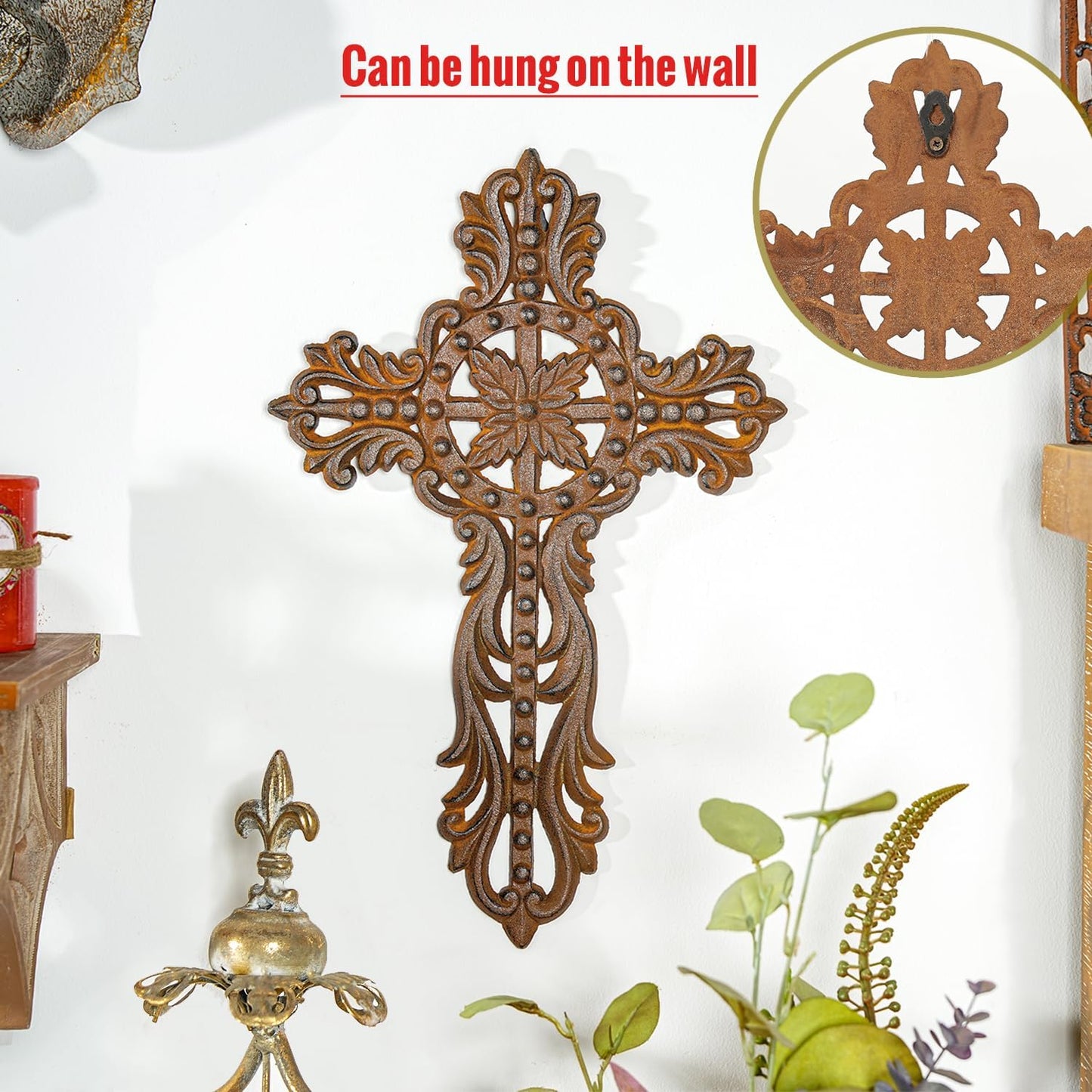 Sungmor Cast Iron Cross Wall Decor, Ornate Metal Wall Art, Vintage Decorative Outdoor Hanging Cross, Rustic Brown Religious Wall Sculpture Farmhouse Home Decor
