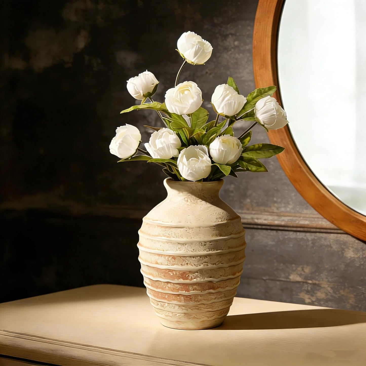 Ceramic Flower Vase 6.7" Farmhouse Table Vases Rustic Vintage Vase Decorative for Flowers & Plant Pottery Terracotta Vases for Home Decor Living Room Bedroom Bathroom Table Centerpiece (Terracotta)