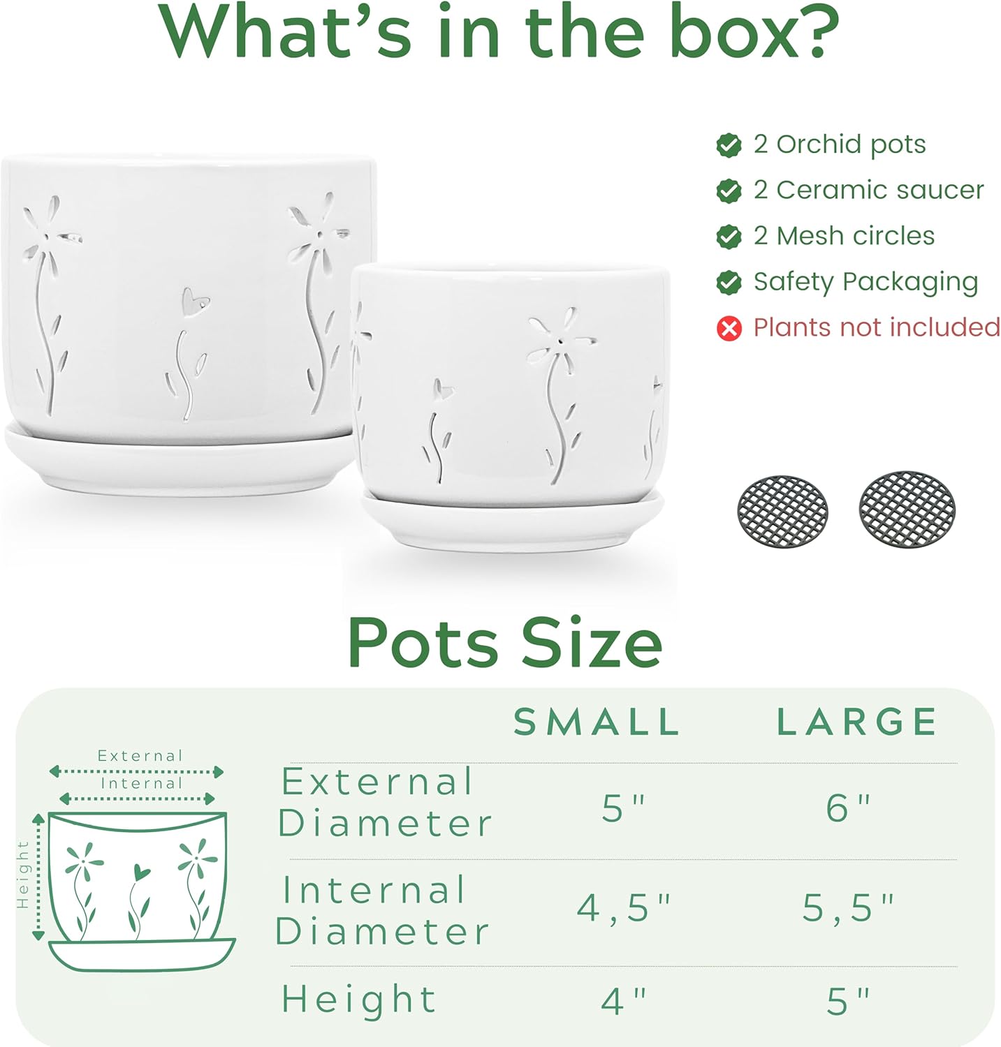 2 Pack, 5 + 6 Inch White Orchid Pots with Holes and Saucer, Ceramic Orchid Planters for Repotting with Drainage Holes and Tray, Plant Flower Pot containers for Orchid Indoor Outdoor
