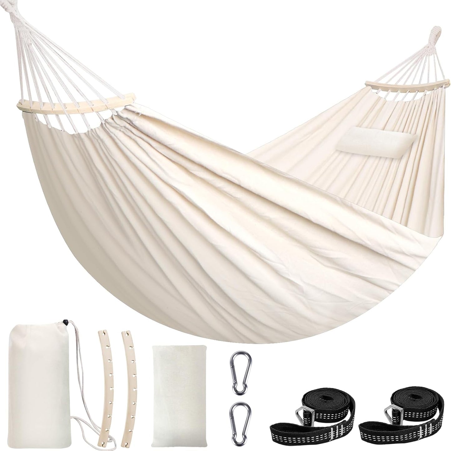 Chihee Cotton Hammock Large Soft Breathable Camping Hammock Holds Up to 660lbs Portable Tree Hammock with Detachable Spreader Bar Pillow 2 Strong Webbings 2 Carabiners Patio Garden Indoor Outdoor