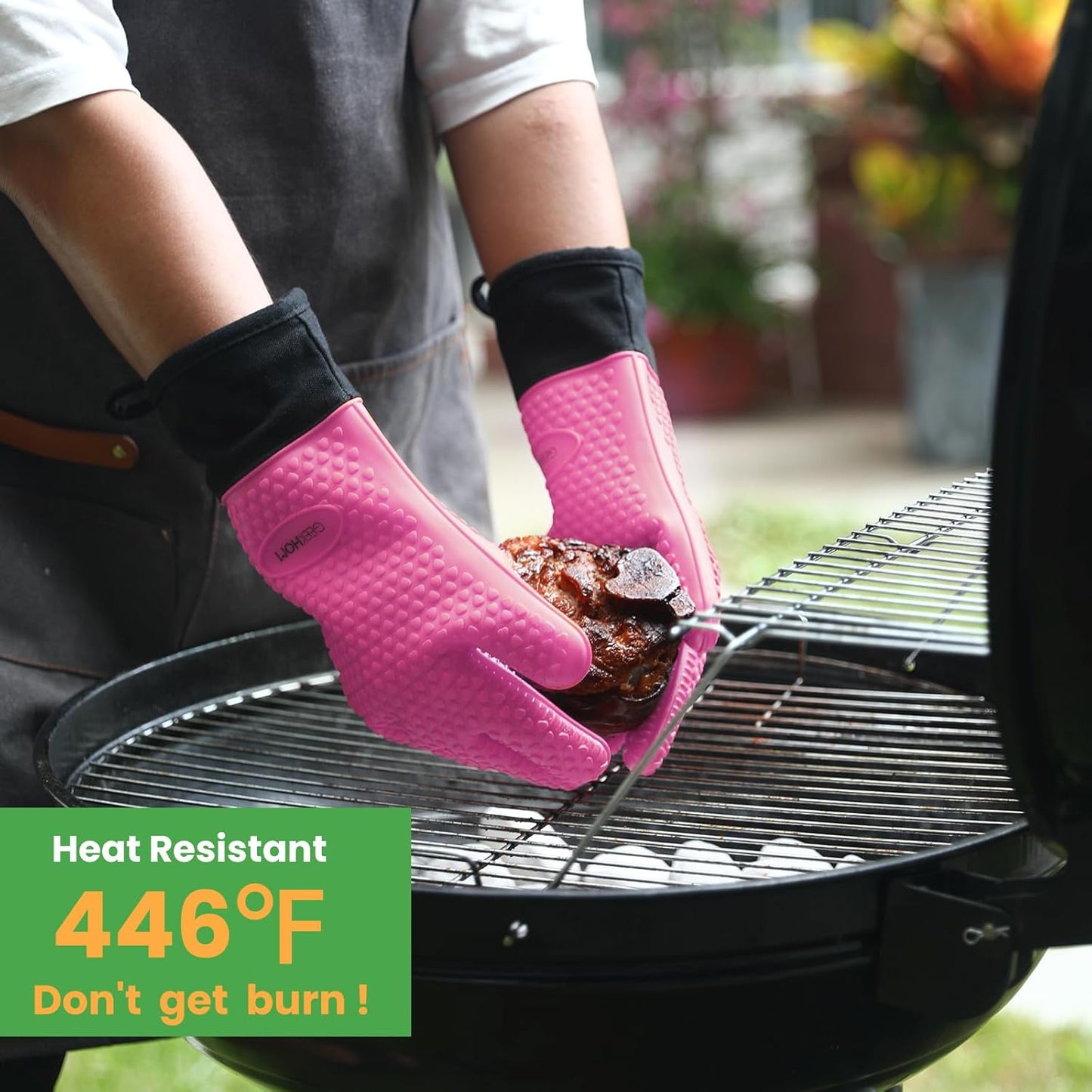 GEEKHOM BBQ Gloves Heat Resistant Oven Mitts - Silicone Grilling Gloves with 13.7" Arm Protection - Waterproof Pot Holder Non-Slip for Men & Women, Kitchen Outdoor Cooking, Baking, Camping, Pink