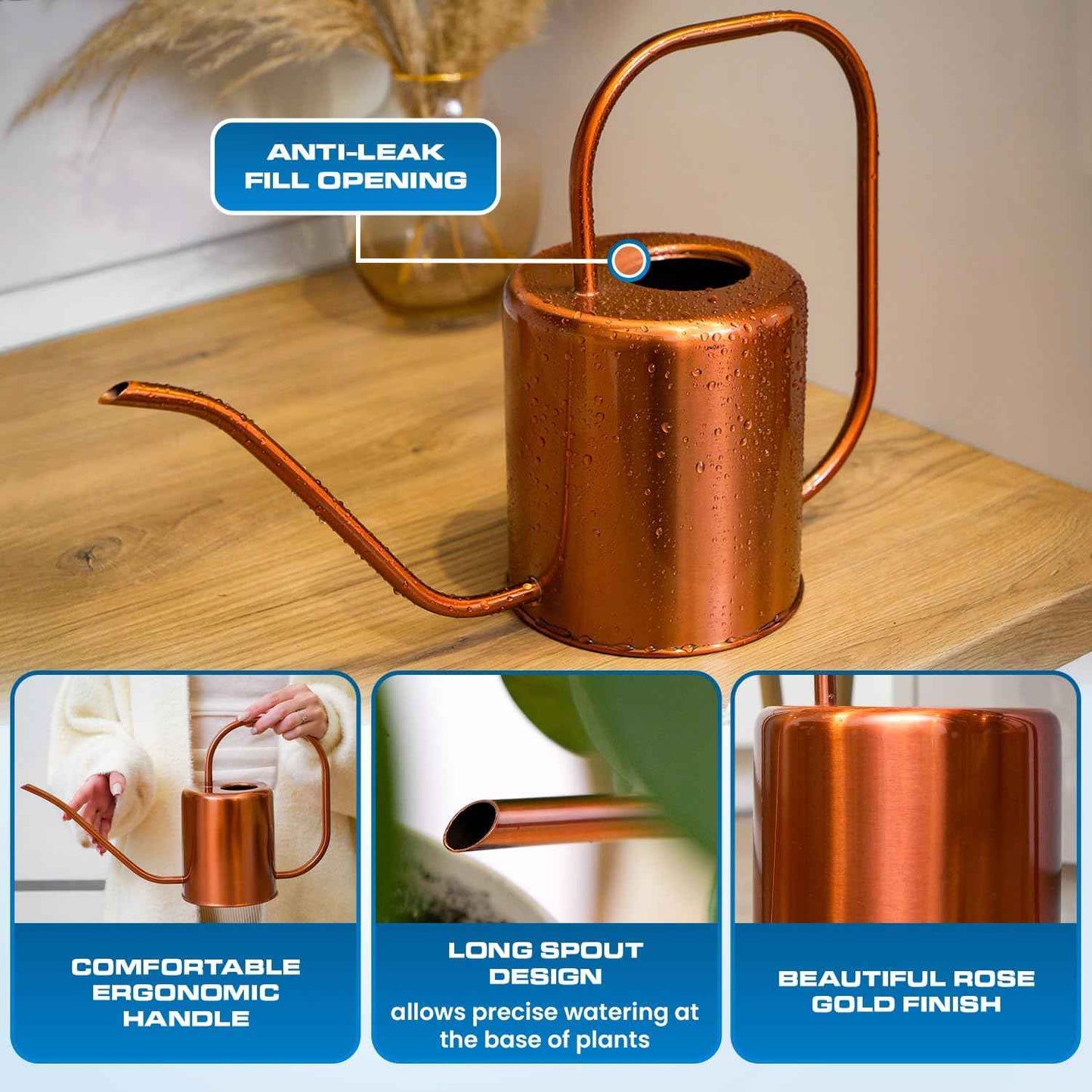Plexon Rose Gold Metal Watering Can Indoor Plants, 54 oz Stainless Steel Long Spout Watering Can Outdoor House Plant Flower, Garden