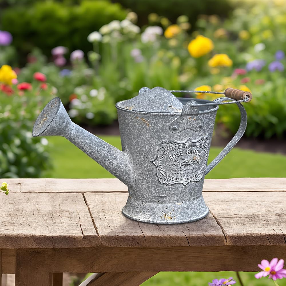 Vintage Metal Watering Can with Wooden Handle, Watering Can for Indoor/Outdoor Plants, Shabby Chic Decor for Home Balcony Courtyard Garden Gray