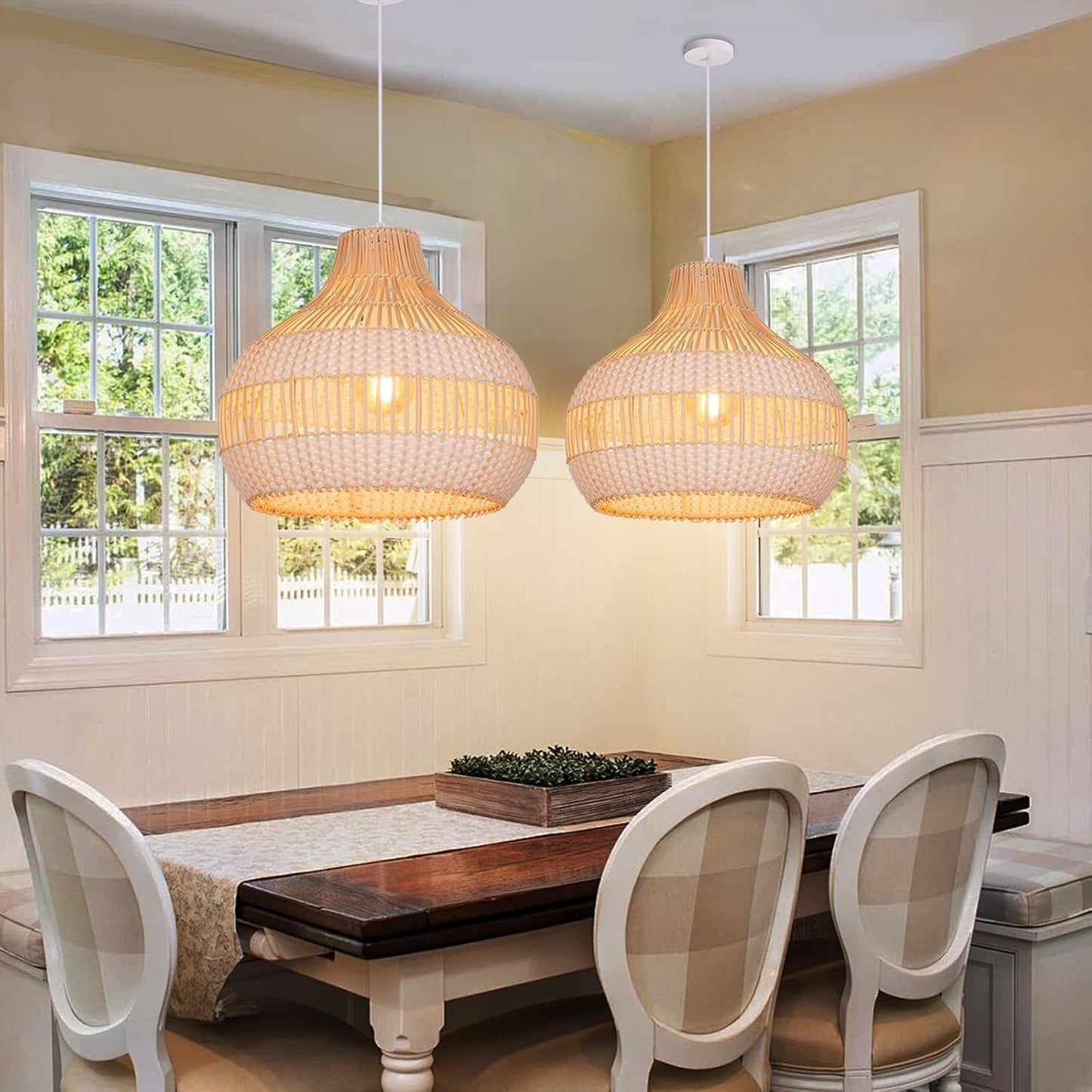 Arturesthome Rattan Chandelier for Kitchen Island,15.72" White Boho Woven Basket Pendant Light,Handmade Wicker Hanging Light for Living Room,Bedroom