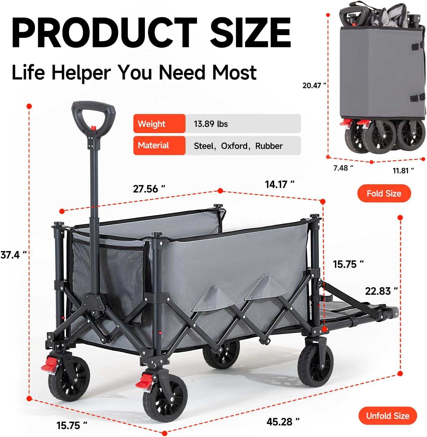 Collapsible Wagon Cart with Wheels Foldable,Folding Beach Wagons Carts Foldable for Grocery Shopping Camping Garden Fishing Sports