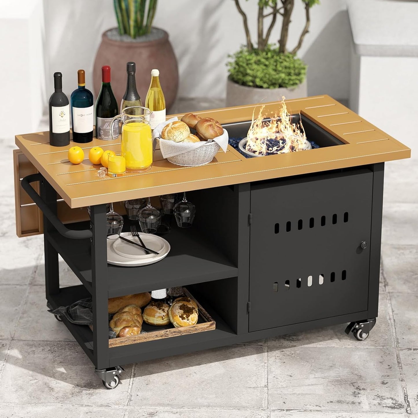 Outdoor Propane Fire Pit Table 44" with Lid & Wheels, Multifunctional Patio Fire Table with Storage Shelf, Steel Gas Firepit Dining Table for Backyard, Garden, Deck, Black
