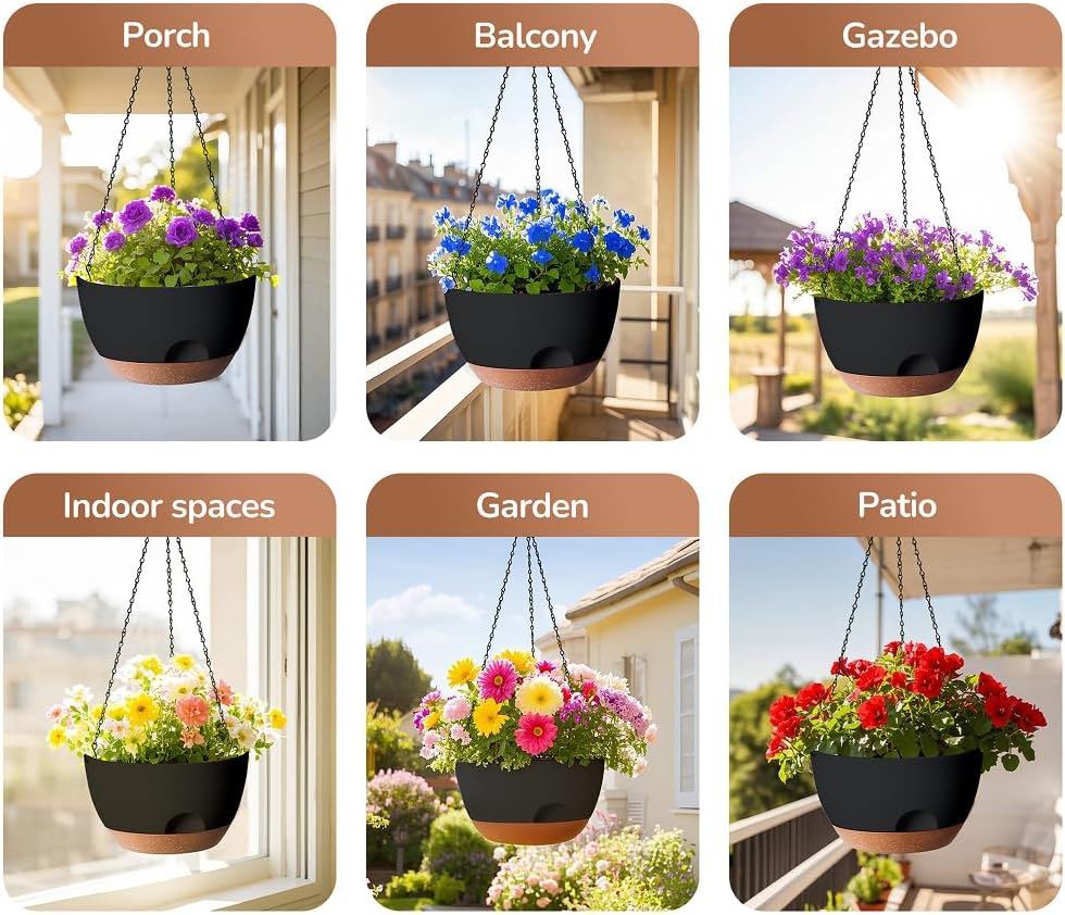 Hanging Planter for Indoor Plants, 10 Inch Self-Watering Hanging Planters with Drainage Holes and Chain, Set of 2 Outdoor Hanging Pots for Garden Home