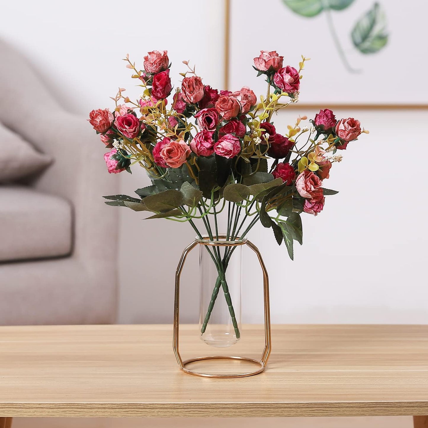 Duovlo 7 Branch 21 Mini Rose Heads Artificial Flowers Bouquet Wedding Home Office Decor,Pack of 2 (2 PCS Rose Red)