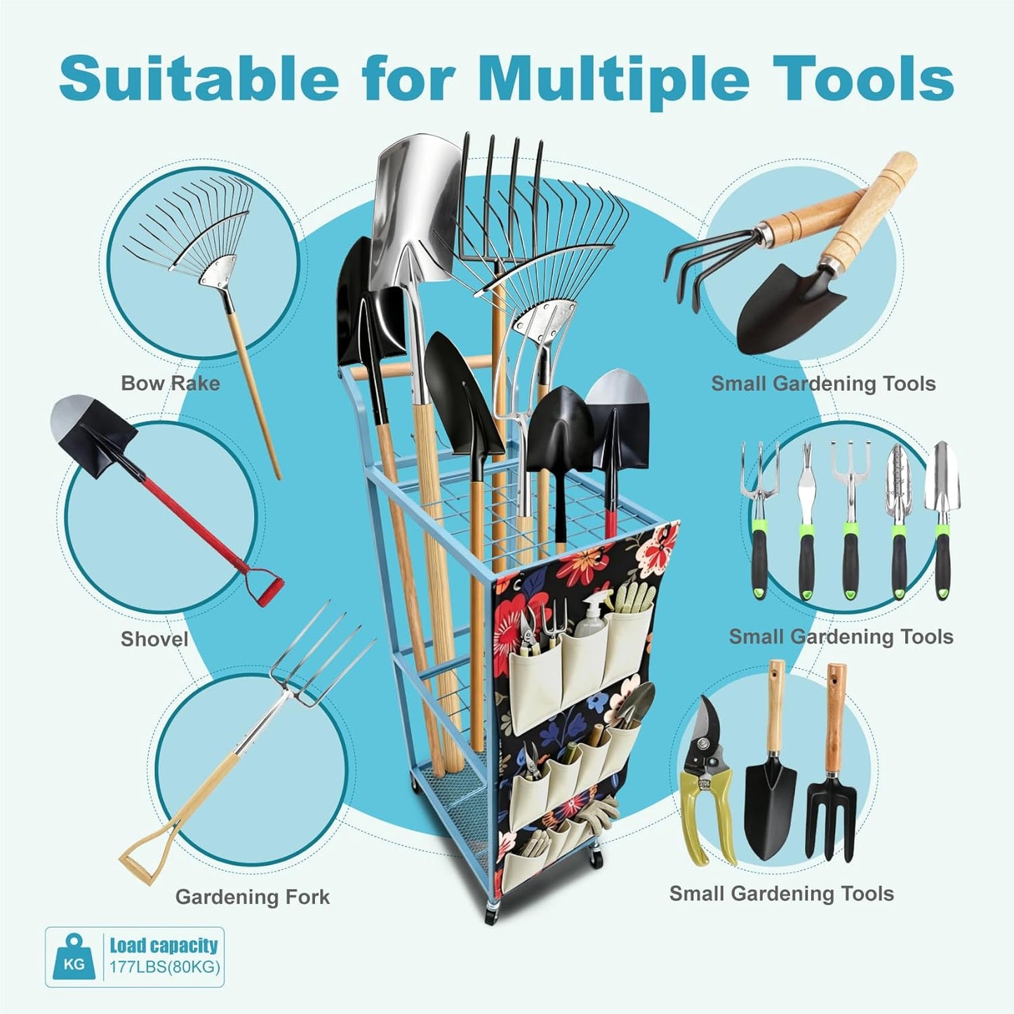 Garden Tool Organizer with Wheels Heavy Duty Yard Tool Organizer Rack with Side Storage Pockets Sturdy Metal Steel Holder with 6 Hooks for Garage, Yard, Patio, Shed