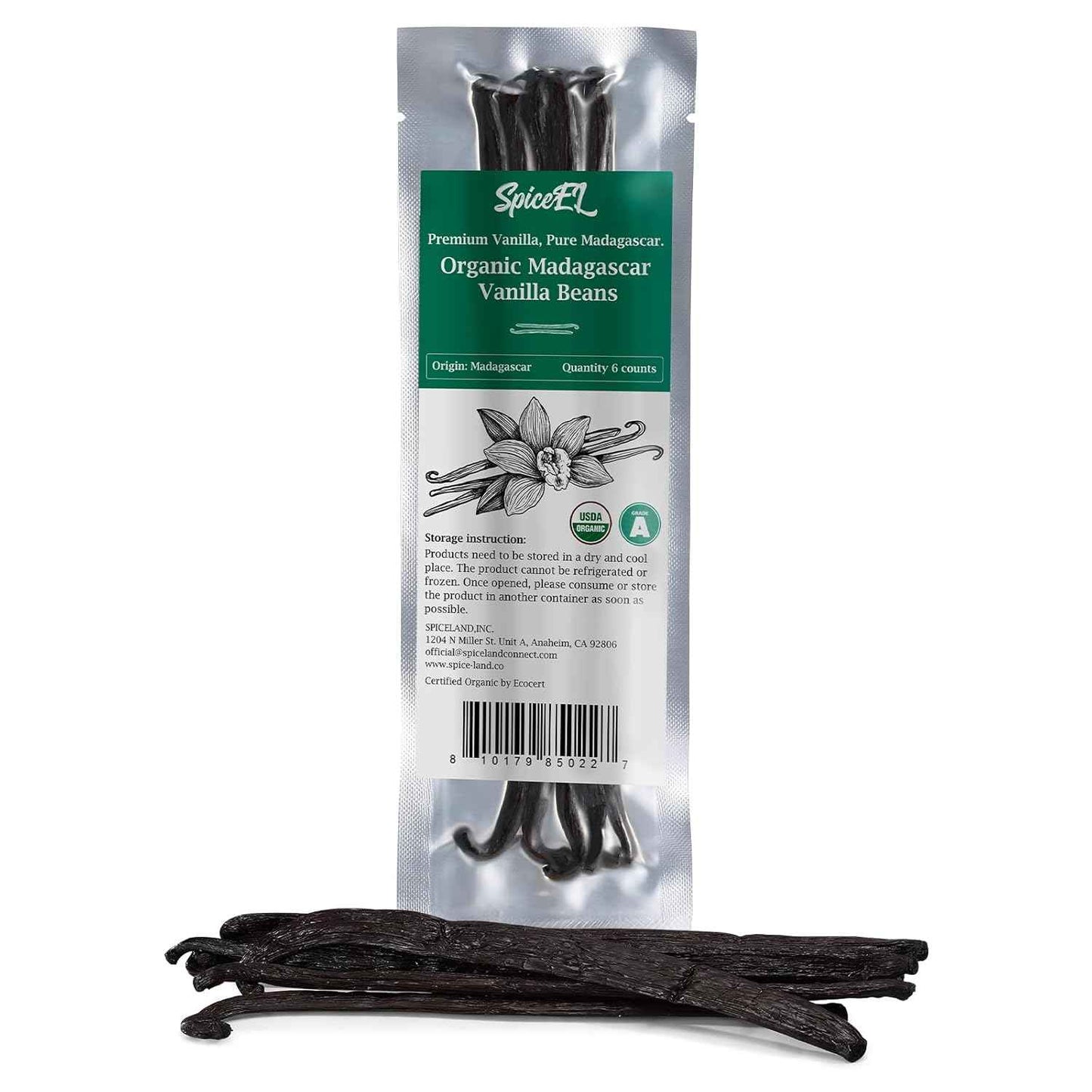 SPICEEL Organic Madagascar Vanilla Beans Grade A Vanilla Pods for Making Extract, Whole Vanilla Beans for Baking, Gluten Free, Non-GMO, Kosher, 6 Counts